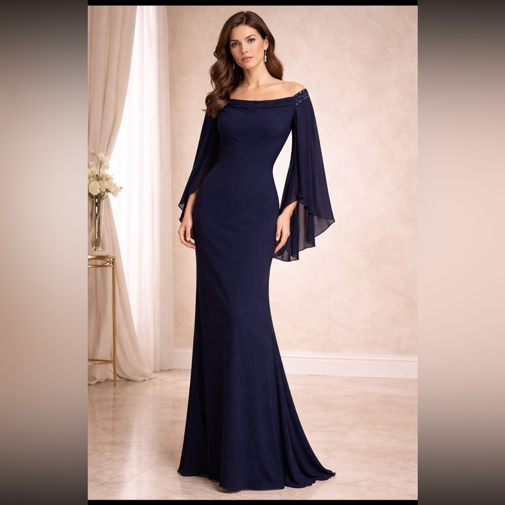 Jovani Navy Off-Shoulder Chiffon Sleeve Evening Gown